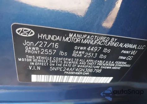 2016 Hyundai Sonata Se из США, поврежденный, VIN 5NPE24AF4GH386798
